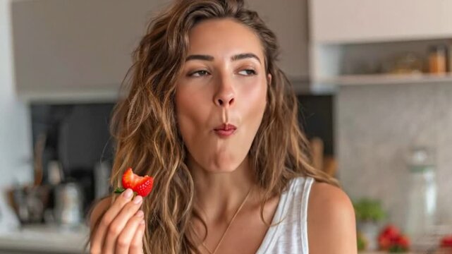 A young woman with beautiful, wavy hair is shown in a close-up, savoring a vibrant, ripe strawberry. Her eyes are gently closed in contentment as she bites into the fresh fruit, conveying a sense of p