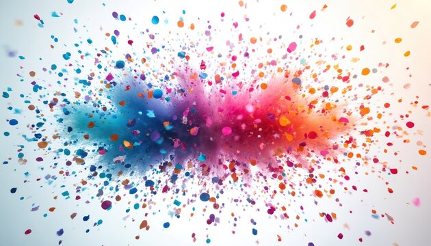 Bright multicolored confetti explosion bursts in air. Tiny vibrant paper pieces, powder scatter dynamically, creating festive atmosphere. Abstract background shows celebration, party, festival, joy, - Powered by Adobe