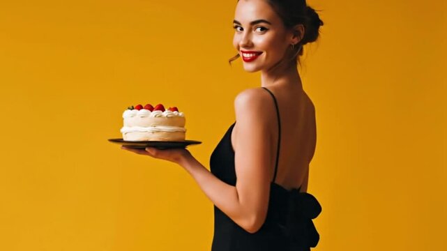 A cheerful individual with a pleasant demeanor, elegantly dressed, smiles brightly while presenting a delicious, beautifully decorated cake topped with fresh red strawberries. Set against a vibrant ye
