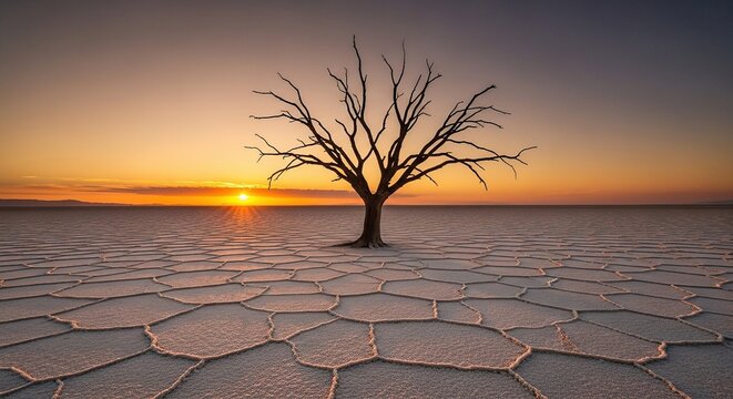 Solitary dead tree silhouette in vast cracked salt flat desert at sunset dramatic sky - Powered by Adobe