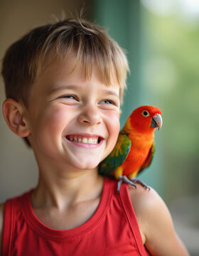 Happy boy with colorful parrot on shoulder. Child smiles and looks up, bird sits on his neck. Friendship and care between kid and pet bird at home.