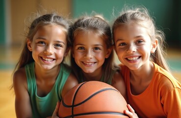 Three young girls with basketball smile on court. Friends play indoor game together. Children enjoy sports activity, have fun and laugh. Youthful team spirit.