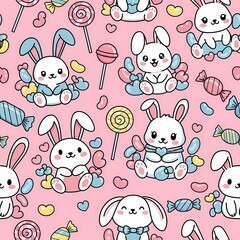 Naklejka premium Kawaii Bunny and Candy Seamless Pattern