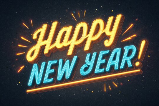 Happy new year neon sign text glowing celebration - Powered by Adobe