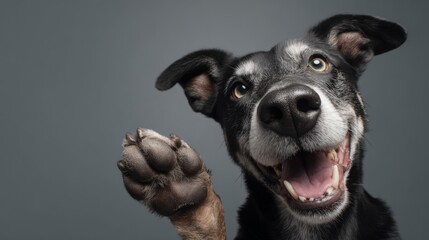 Happy dog waving paw greeting on gray background, copy space