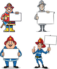 Cartoon firefighters holding blank signs, fire safety characters illustration, emergency service workers, fire department team, rescue staff, firefighting awareness, advertising concept