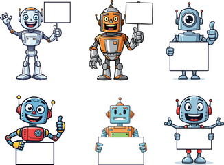 Cartoon robots holding blank signs, futuristic characters illustration, technology concept, AI staff, machine workers, advertising design, educational campaign, creative promotional art