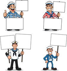 Cartoon sailors holding blank signs, maritime characters illustration, navy staff, seafaring team, ocean workers, advertising concept, nautical awareness, promotional design campaign