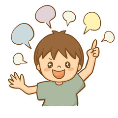 Illustration of a talkative child with ASD, representing developmental disorder traits and hyperverbal communication, with copy space