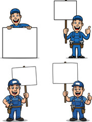 Cartoon worker in blue overalls holding blank signs, handyman character illustration, construction staff, repairman team, advertising concept, maintenance worker, promotional design