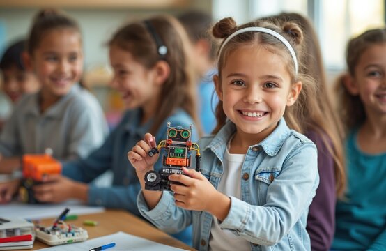 Girl shows robot model at stem class. Kids build robots and learn about robotic engineering at school. Pupil holds toy and smiles in science lesson. Diverse students are happy studying technology.