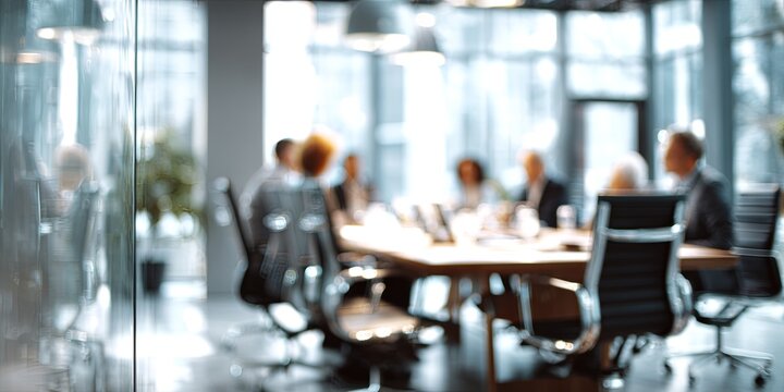 Business meeting in modern office with blurred figures discussing strategy and planning around a conference table with glass walls and natural light