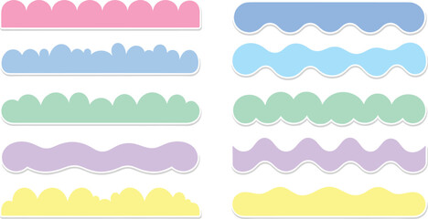 Colorful pastel borders, wavy decorative strips, scalloped design, playful frame, creative template, soft color art, scrapbooking element, educational graphic