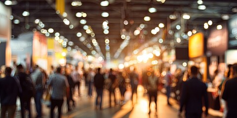 Fototapeta premium Blurry background of a bustling trade show event with warm lighting and vibrant atmosphere filled with people and booths in soft focus