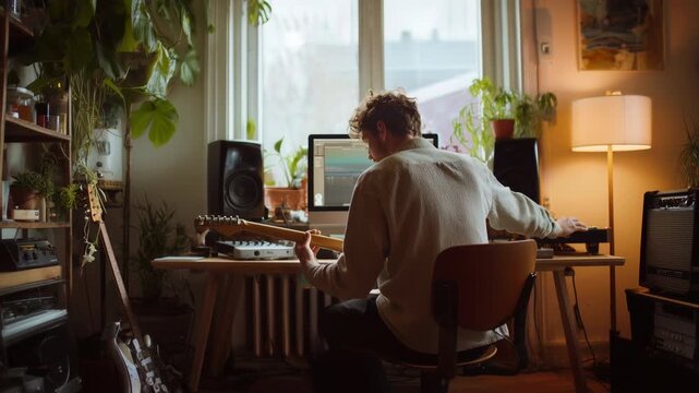 Young male musician sitting at his desk, playing electric guitar and recording music on a computer in a warm, plant filled home studio, focused on his creative process