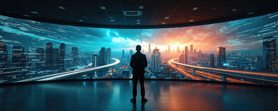 Lone figure observes futuristic cityscape projected on massive curved screen. Silhouette contemplates complex data streams representing global networks, potential threats. Digital display dominates