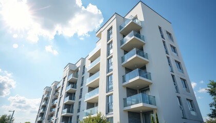 Naklejka premium Modern apartment buildings stand tall against bright blue sky with scattered clouds. Buildings feature balconies with glass railings and sleek white facades, offering contemporary urban living space.