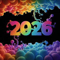 Vibrant 2026: A splash of color forms the number 2026, radiating with joy and anticipation in a playful composition. 