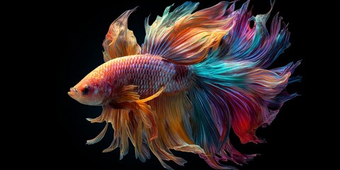 Fototapeta premium Vibrant Betta Fish with Flowing Fins Displaying Stunning Colors on a Black Background