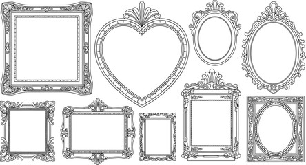 Ornate picture frames, vintage decorative borders, floral scrollwork, heart shape, oval crest, square antique design, elegant photo frame, classical art template