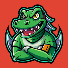 Green dinosaur mascot with arms crossed and fierce expression.