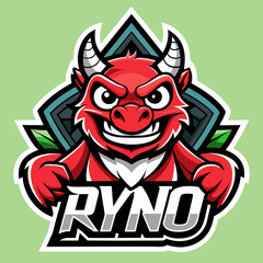 A fierce red dragon mascot with horns and sharp teeth, presented with the word Ryno in bold lettering, suitable for gaming or branding.