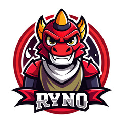 Fierce red dragon mascot with ryno text.