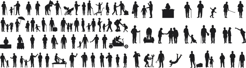 Silhouette people walking, families with children, strollers, bicycles, luggage, benches, everyday lifestyle, social interaction, urban street community illustration design