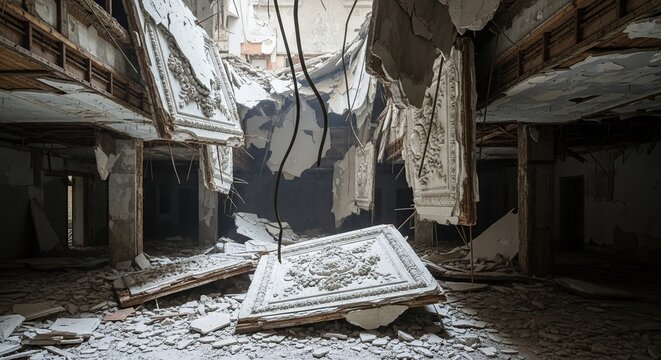 Ruined building interior with collapsed ceiling debris and damaged walls creating an apocalyptic scene