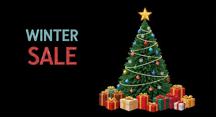 Naklejka premium Winter sale banner with christmas tree and gifts