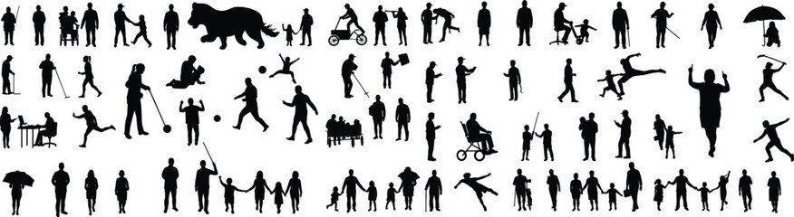 Silhouette people walking, families with children, strollers, bicycles, umbrellas, wheelchairs, sports, dancing, everyday lifestyle, urban community social interaction illustration