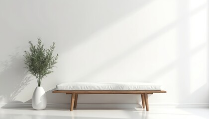 Fototapeta premium Minimalist interior design shows wooden bench with soft white cushion. Tall green plant in elegant white pot stands on floor near blank wall. Natural light forms warm window shadows on clean room