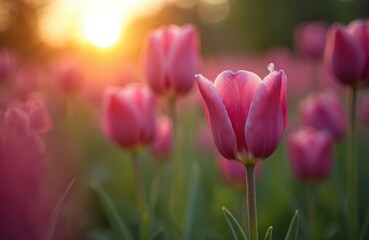 Obraz premium Pink tulips bloom on a blurred field at sunrise. Gentle sun rays illuminate delicate petals, creating a soft glow. Rich green stems and leaves emerge from the ground.