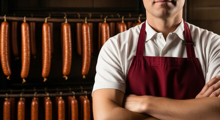 Skilled artisan butcher surrounded by smoked sausages and hams for local shop branding, posters, website banners, recruitment ads, trade promotions, food industry advertising, or marketing materials