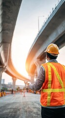 Fototapeta premium Road engineer in safety gear inspecting bridge structure during daylight, showcasing engineering expertise and commitment to safety in construction