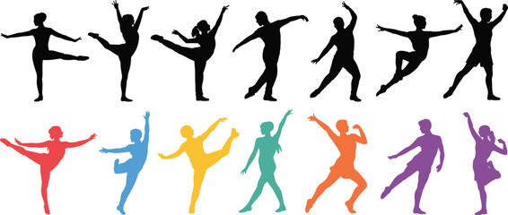 Dancer silhouettes, colorful poses, ballet movement, expressive dance, vector set, performing arts, graceful motion, choreography, stage, celebration, illustration