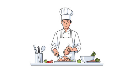 Cheerful chef expertly preparing roast chicken with fresh vegetables for a delicious meal in a bright kitchen scene
