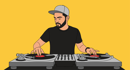 Hip young DJ spinning vinyl records on turntables with cool style and vibrant background, perfect for music events