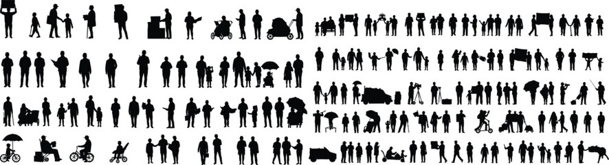 Silhouette people walking, families with children, strollers, wheelchairs, umbrellas, bicycles, animals, carts, everyday lifestyle, urban community social interaction illustration