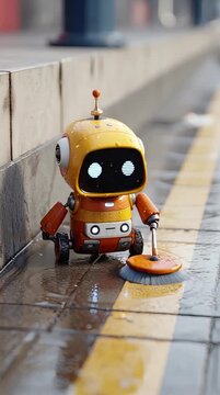 Tiny robot cleaning sidewalk tiles, animated close-up, cheerful design