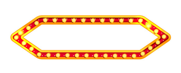 Fototapeta premium Circus rectangle sign. Marquee carnival light frame and vegas casino glow. Retro bulb border in yellow style for concert stage or film festival. Red blank signboard isolated on background.