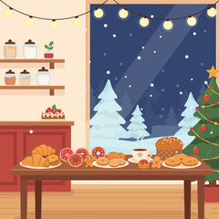 Cozy winter kitchen with festive treats and a decorated Christmas tree  