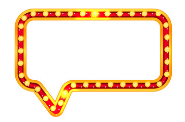 Marquee circus sign rectangle light with carnival frame and casino board glow. Retro cinema bulb speech bubble in gold vintage style for theater show or broadway poster. Blank billboard isolated.