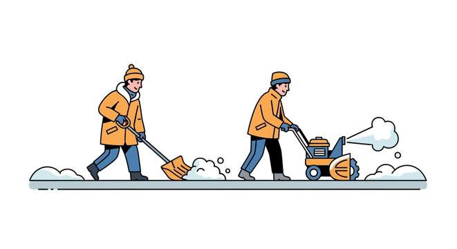 Two men clearing snow from a sidewalk with a shovel and a snow blower. Flat Vector Illustrations. EPS Editable