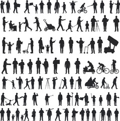 Silhouette people walking, families with children, strollers, wheelchairs, umbrellas, bicycles, scooters, cameras, everyday lifestyle, urban community social interaction illustration