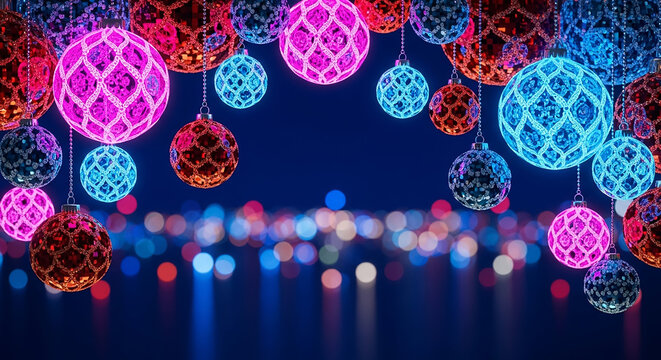 Glowing neon christmas ornaments hanging with bokeh lights