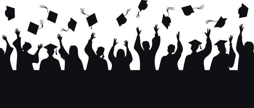 Graduation celebration, students silhouette, cap toss, academic success, ceremony moment, graduate group, education milestone, vector illustration, joy, achievement