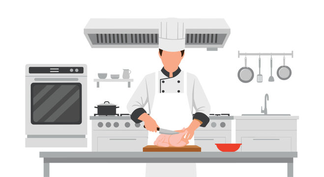 Professional chef expertly preparing chicken at his restaurant kitchen, cutting meat for a delicious meal, culinary expert