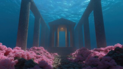 Underwater scene of a temple or temple located in the ocean. the temple is made of stone and has a triangular shape with a pointed roof and four columns on either side.
