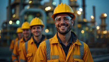 Smiling industrial workers stand in line. Engineers wear safety hard hats, goggles, yellow uniforms. Men work at night in modern refinery production plant. Team of professionals in oil, gas industry.